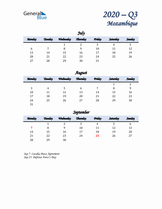 July, August, and September Calendar for Mozambique with Monday Start