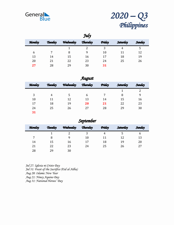 July, August, and September Calendar for Philippines with Monday Start