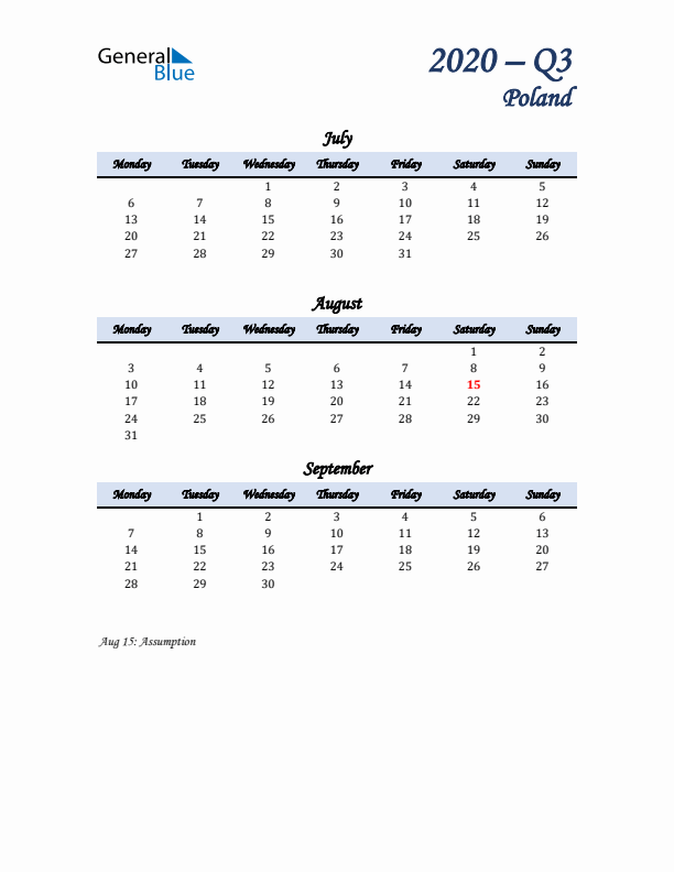 July, August, and September Calendar for Poland with Monday Start