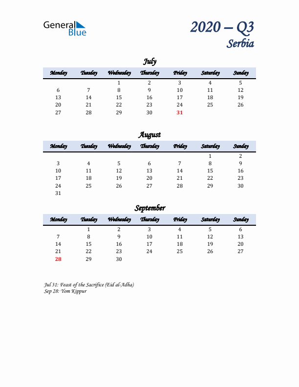 July, August, and September Calendar for Serbia with Monday Start