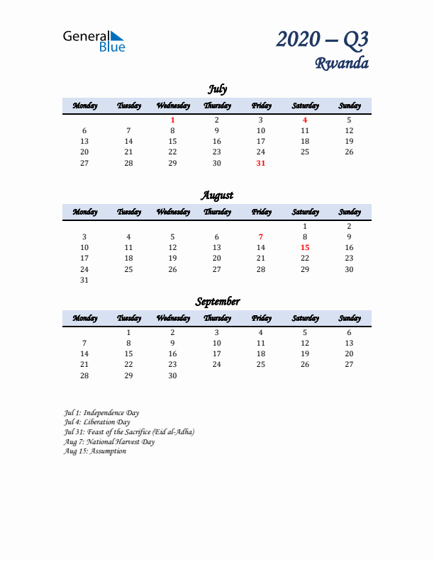 July, August, and September Calendar for Rwanda with Monday Start