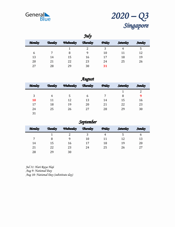 July, August, and September Calendar for Singapore with Monday Start