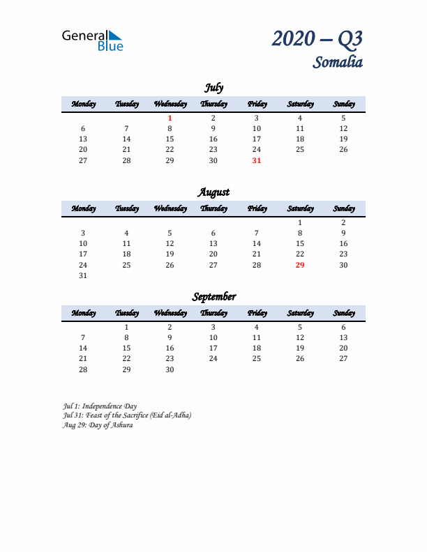 July, August, and September Calendar for Somalia with Monday Start