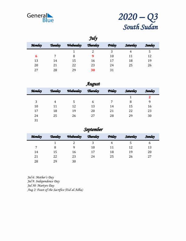 July, August, and September Calendar for South Sudan with Monday Start