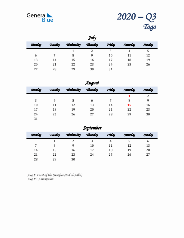 July, August, and September Calendar for Togo with Monday Start