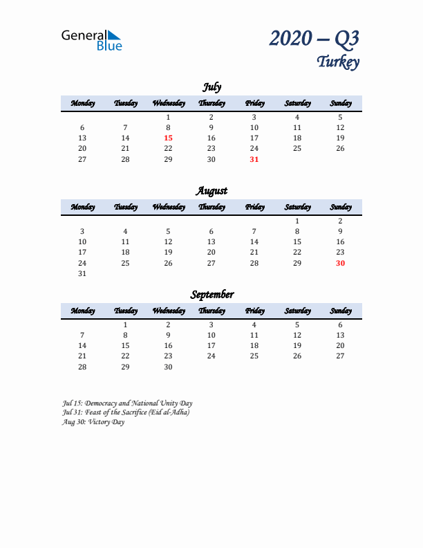 July, August, and September Calendar for Turkey with Monday Start