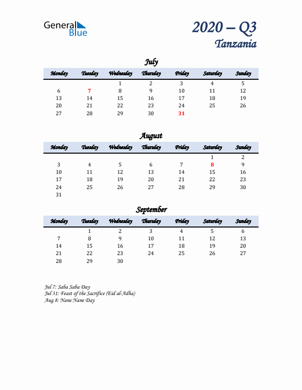 July, August, and September Calendar for Tanzania with Monday Start