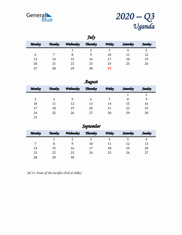 July, August, and September Calendar for Uganda with Monday Start