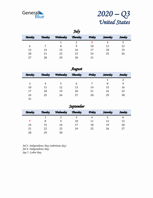 July, August, and September Calendar for United States with Monday Start