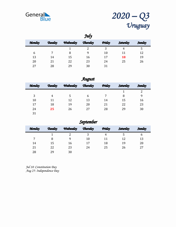 July, August, and September Calendar for Uruguay with Monday Start