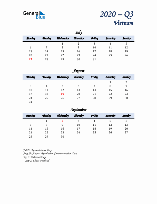 July, August, and September Calendar for Vietnam with Monday Start