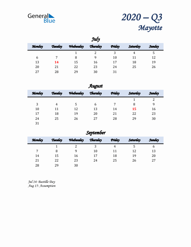 July, August, and September Calendar for Mayotte with Monday Start