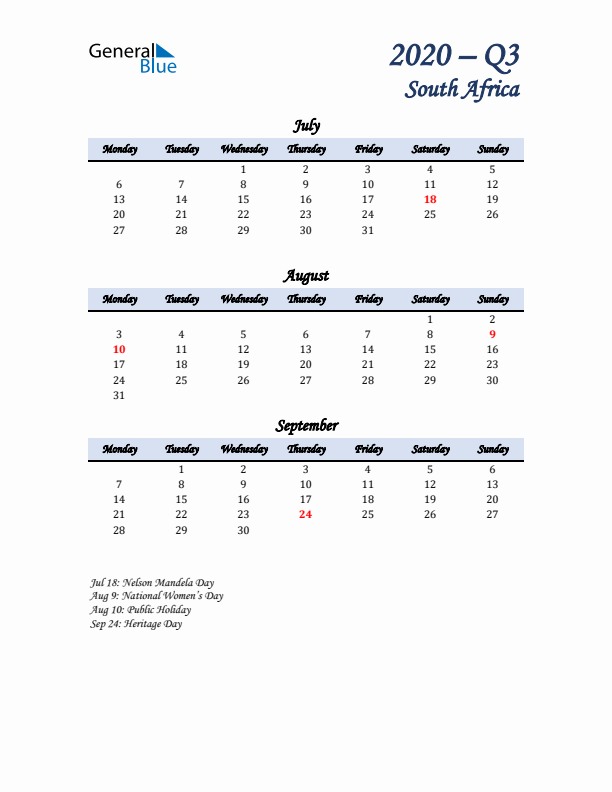 July, August, and September Calendar for South Africa with Monday Start