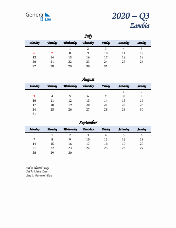 July, August, and September Calendar for Zambia with Monday Start