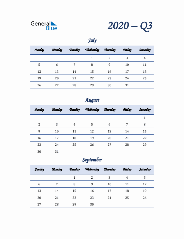 Sunday Start 2020 Quarterly Calendar