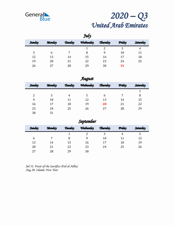 July, August, and September Calendar for United Arab Emirates with Sunday Start