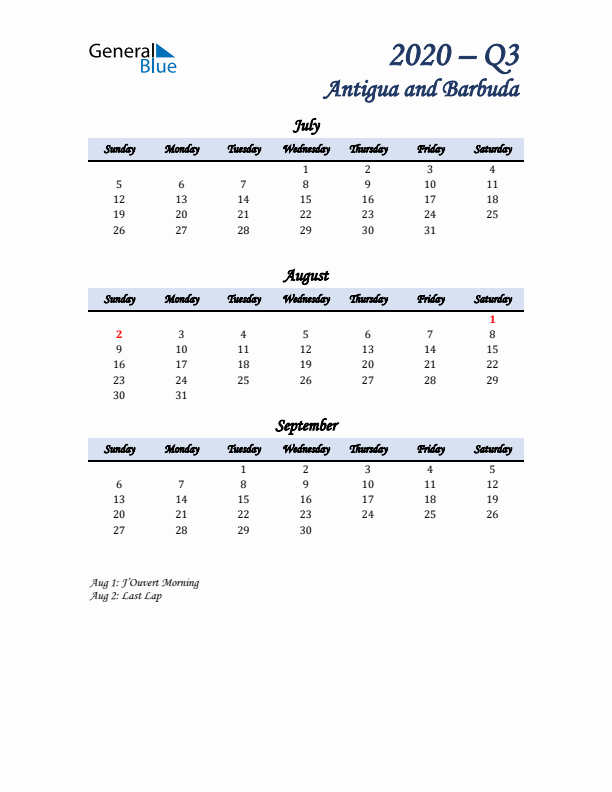 July, August, and September Calendar for Antigua and Barbuda with Sunday Start