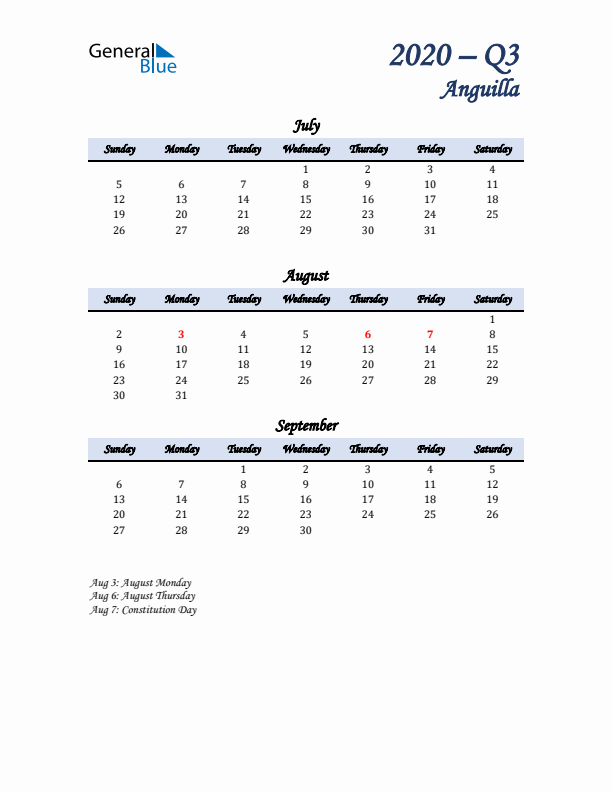 July, August, and September Calendar for Anguilla with Sunday Start