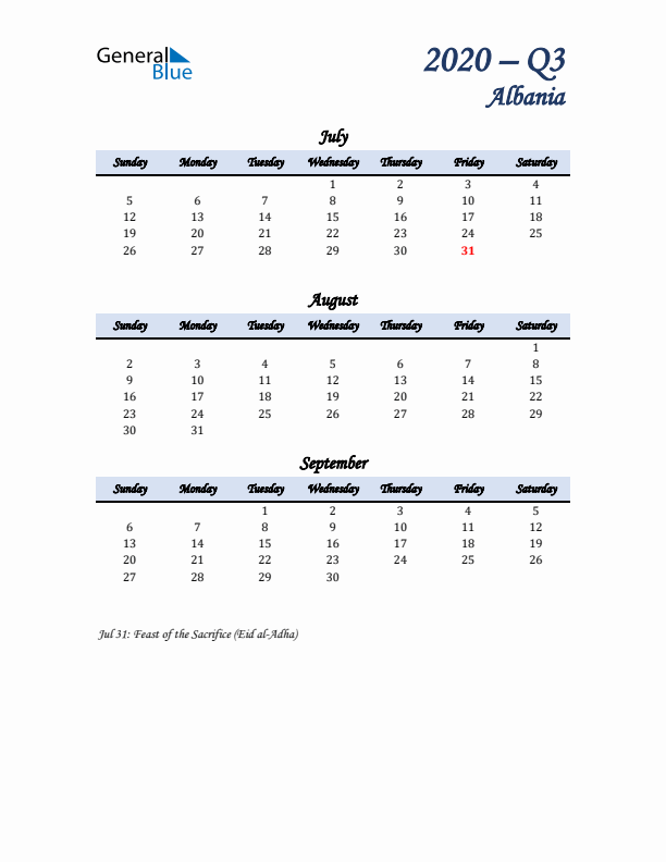 July, August, and September Calendar for Albania with Sunday Start