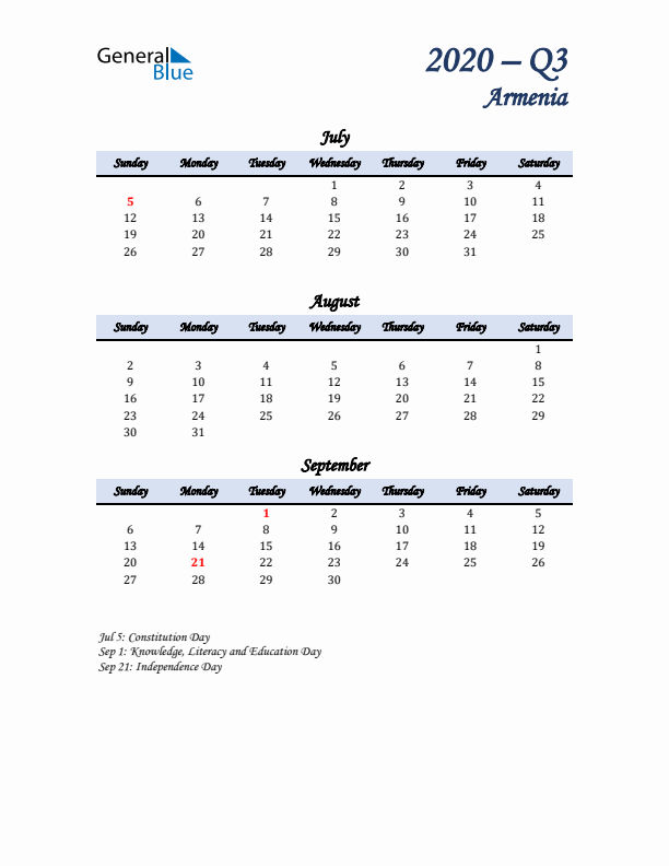 July, August, and September Calendar for Armenia with Sunday Start