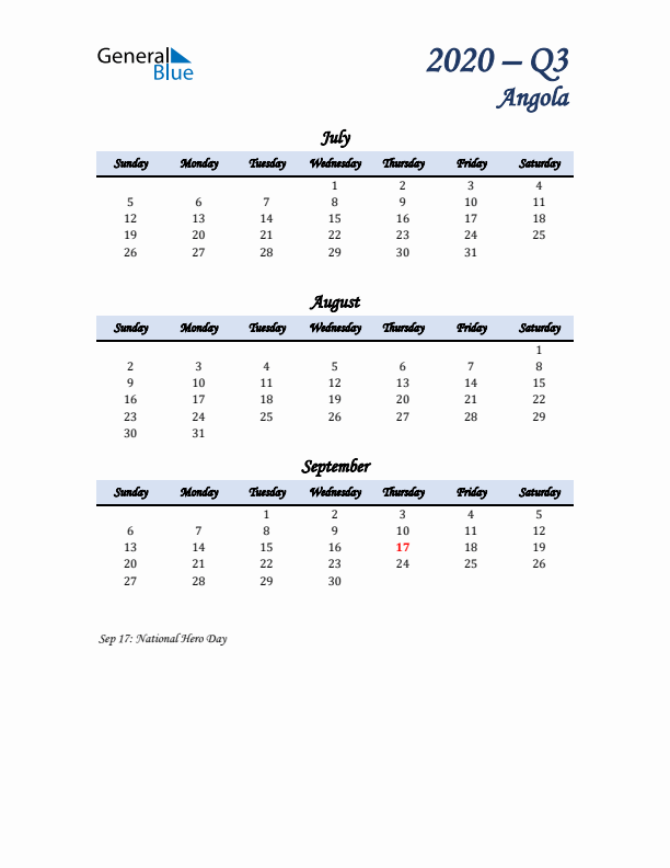 July, August, and September Calendar for Angola with Sunday Start