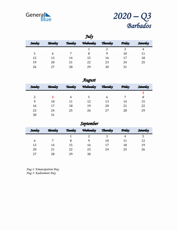 July, August, and September Calendar for Barbados with Sunday Start