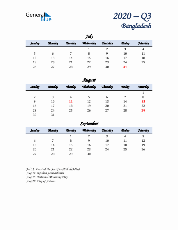 July, August, and September Calendar for Bangladesh with Sunday Start