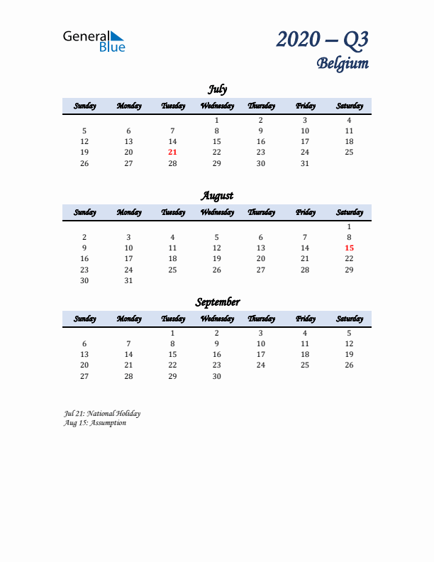 July, August, and September Calendar for Belgium with Sunday Start