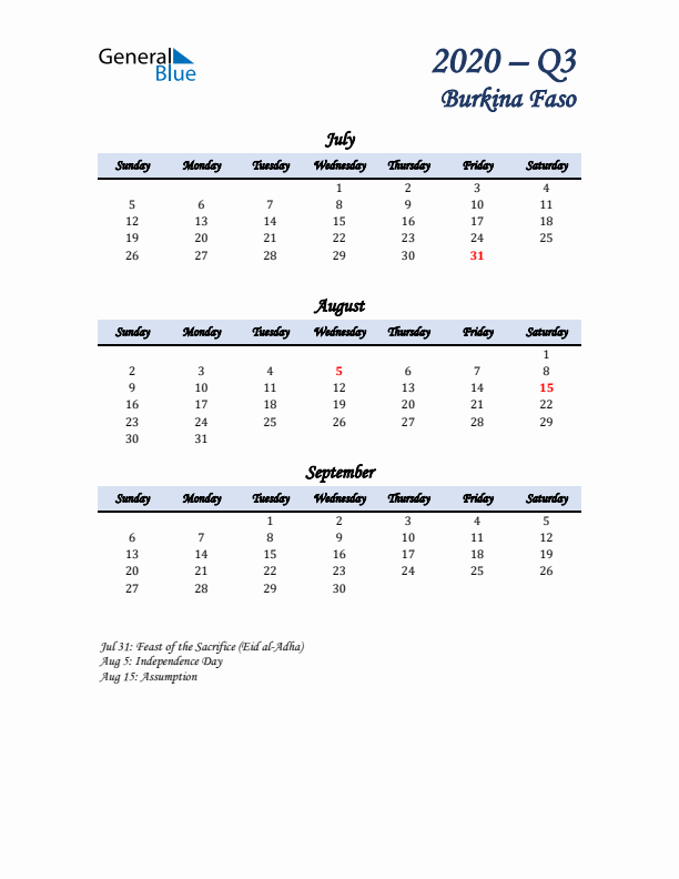 July, August, and September Calendar for Burkina Faso with Sunday Start