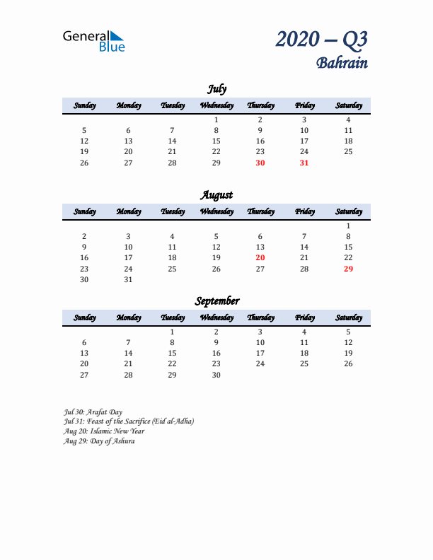 July, August, and September Calendar for Bahrain with Sunday Start