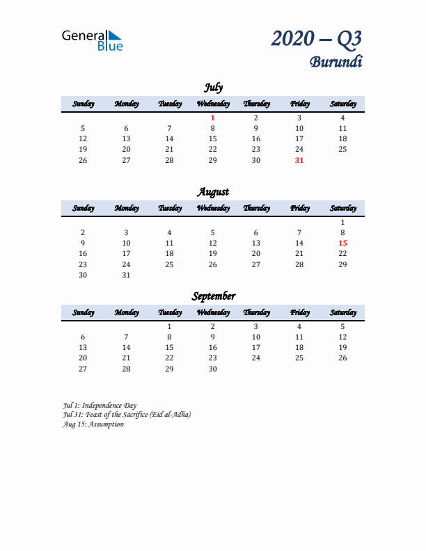 July, August, and September Calendar for Burundi with Sunday Start