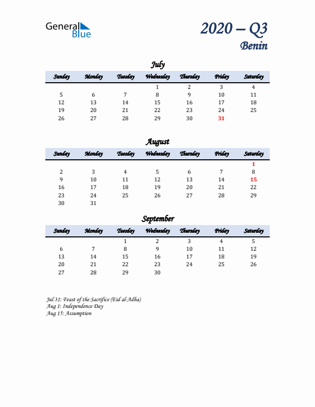 July, August, and September Calendar for Benin with Sunday Start