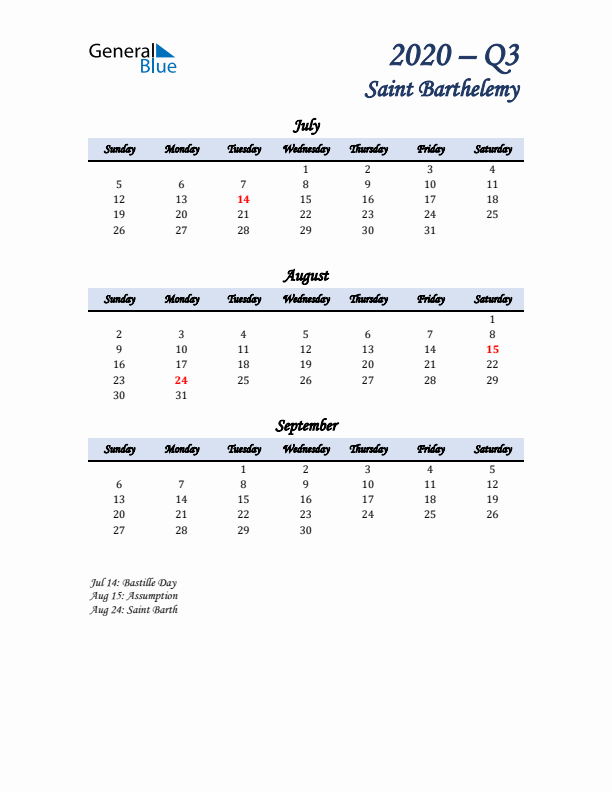 July, August, and September Calendar for Saint Barthelemy with Sunday Start