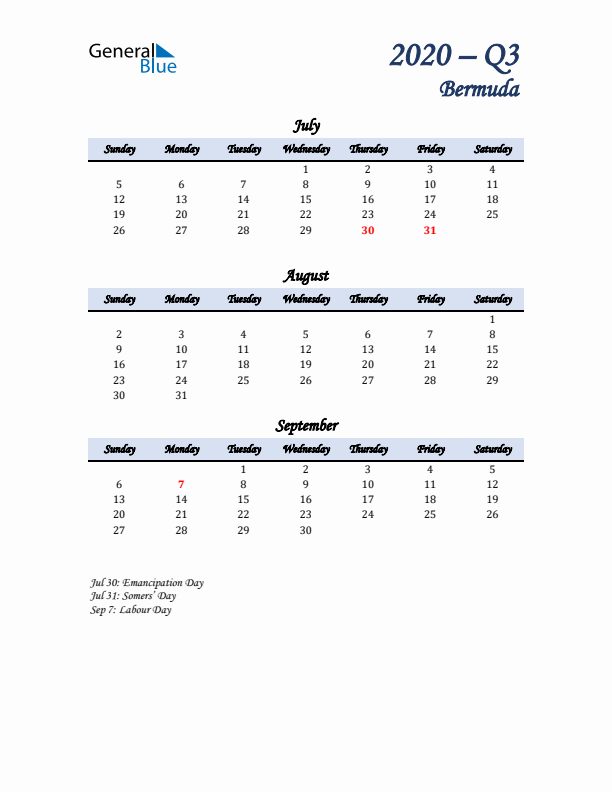 July, August, and September Calendar for Bermuda with Sunday Start