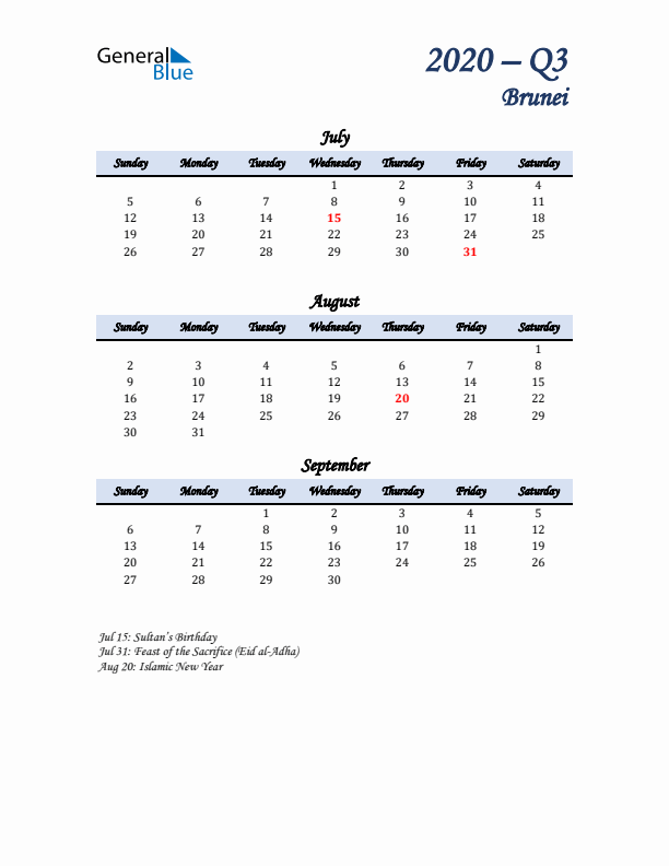 July, August, and September Calendar for Brunei with Sunday Start