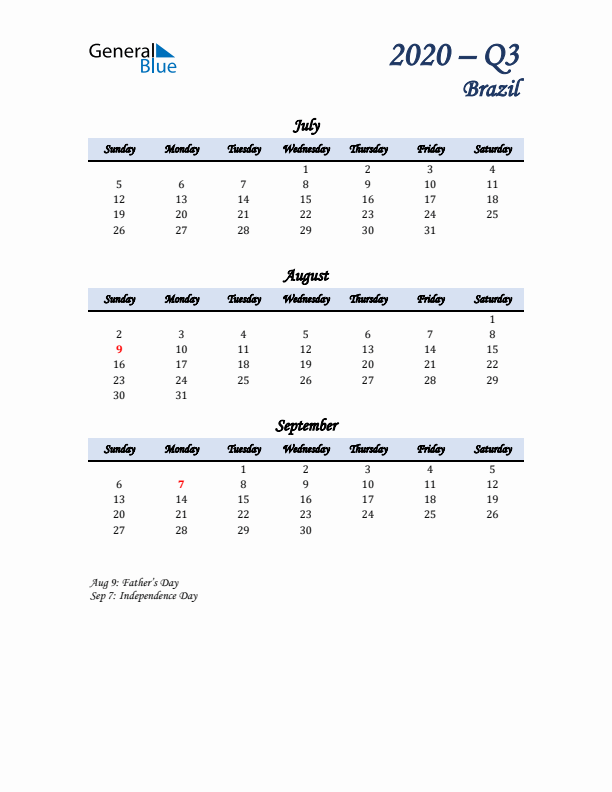 July, August, and September Calendar for Brazil with Sunday Start