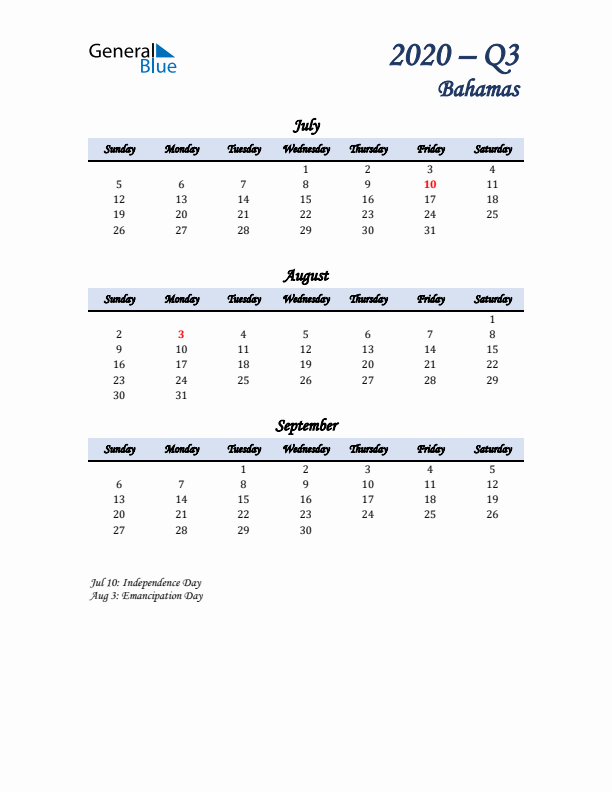 July, August, and September Calendar for Bahamas with Sunday Start