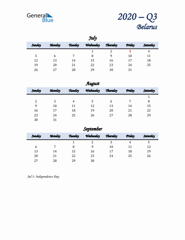 July, August, and September Calendar for Belarus with Sunday Start