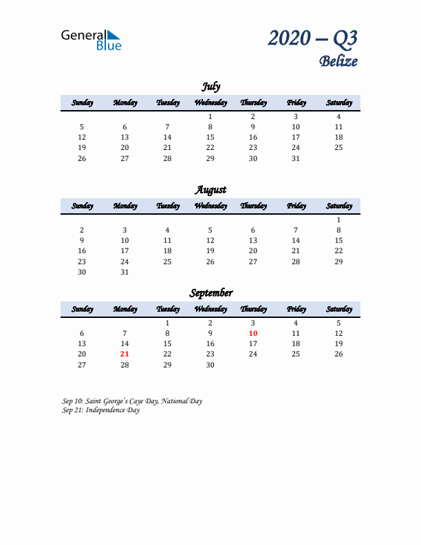 July, August, and September Calendar for Belize with Sunday Start