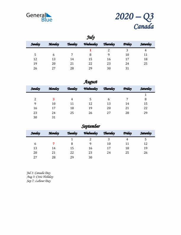 July, August, and September Calendar for Canada with Sunday Start