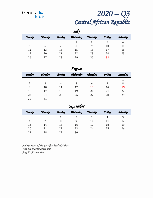 July, August, and September Calendar for Central African Republic with Sunday Start