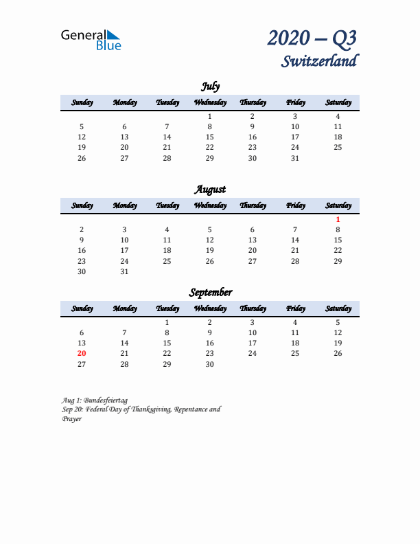 July, August, and September Calendar for Switzerland with Sunday Start