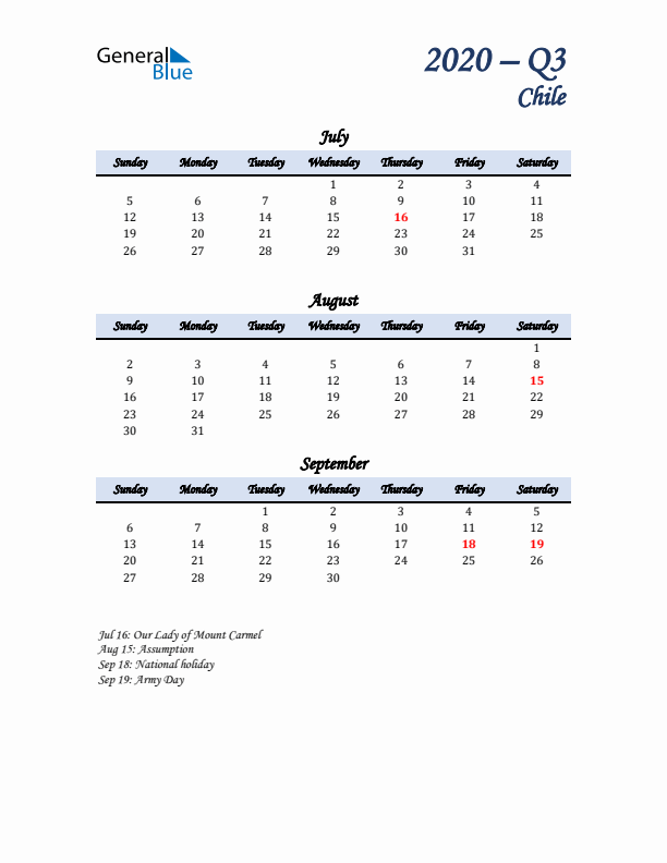 July, August, and September Calendar for Chile with Sunday Start