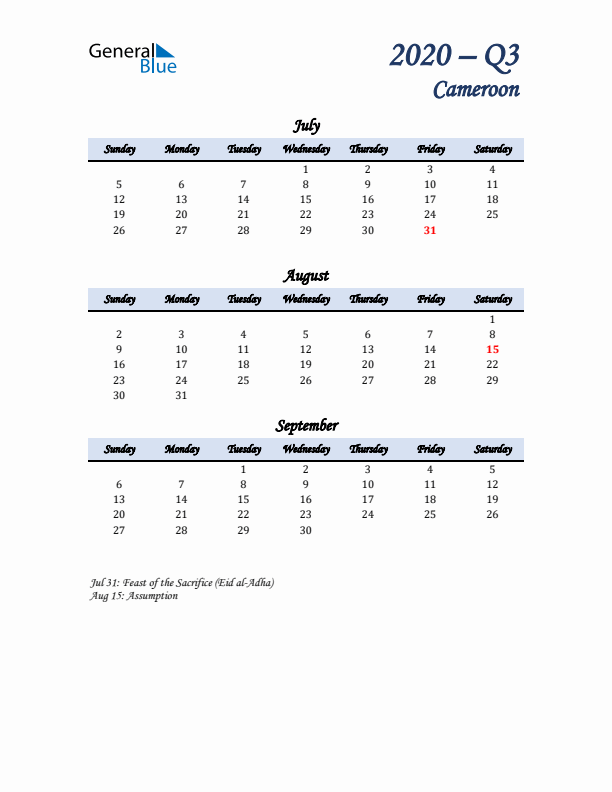 July, August, and September Calendar for Cameroon with Sunday Start