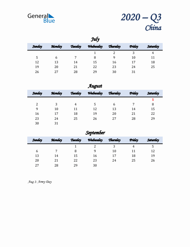 July, August, and September Calendar for China with Sunday Start