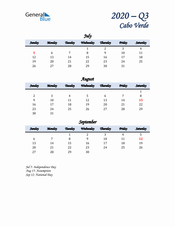 July, August, and September Calendar for Cabo Verde with Sunday Start