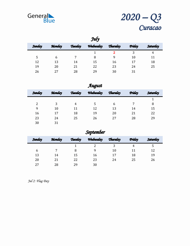 July, August, and September Calendar for Curacao with Sunday Start