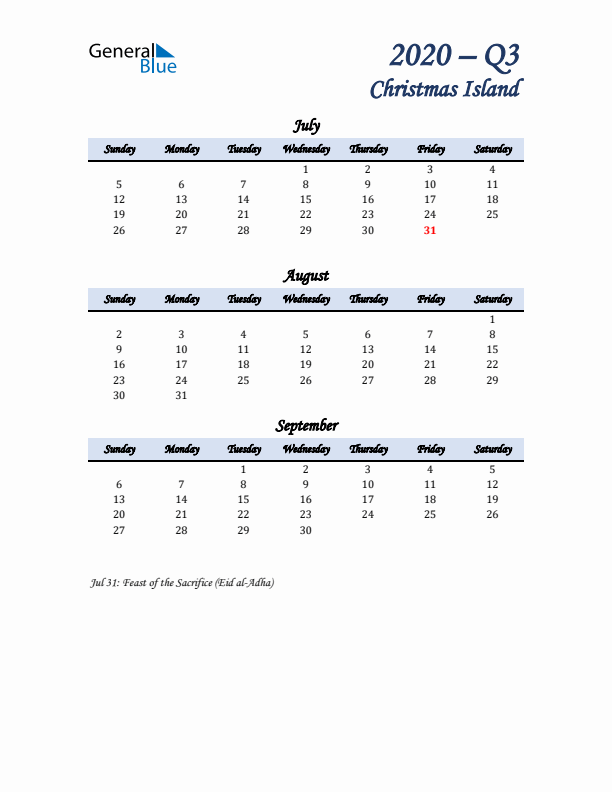 July, August, and September Calendar for Christmas Island with Sunday Start