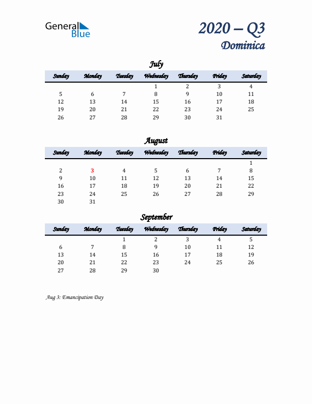 July, August, and September Calendar for Dominica with Sunday Start