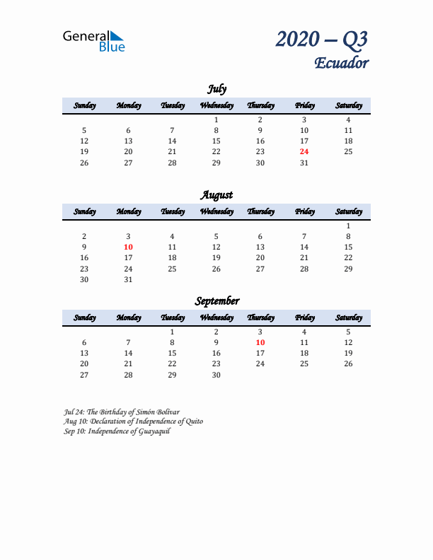 July, August, and September Calendar for Ecuador with Sunday Start